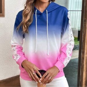 Ombre Guipure Lace Insert Drawstring Hoodie